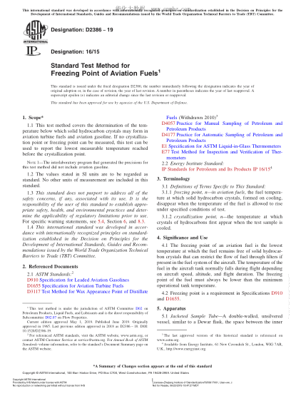 ASTM D2386-2019  Standard Test Method for Freezing Point of Aviation Fuels