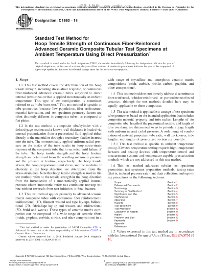 ASTM C1863-2018 用直接加壓法在環(huán)境溫度下測(cè)定連續(xù)纖維增強(qiáng)先進(jìn)陶瓷復(fù)合材料管試樣環(huán)向拉伸強(qiáng)度的方法 Standard Test Method for Hoop Tensile Strength of Continuous Fiber-Reinforced Advanced Ceramic Composite Tubular Test Specimens at Ambient Temperature Using Direct Pressurization
