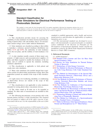 ASTM E927-2019陸地光電試驗用陽光模擬裝置的規(guī)格Standard Classification for Solar Simulators for Electrical Performance Testing of Photovoltaic Devices