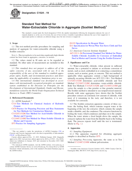 ASTM C1524-2019  Standard Test Method for Water-Extractable Chloride in Aggregate (Soxhlet Method)