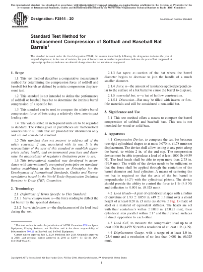 ASTM F2844-2020  Standard Test Method for Displacement Compression of Softball and Baseball Bat Barrels