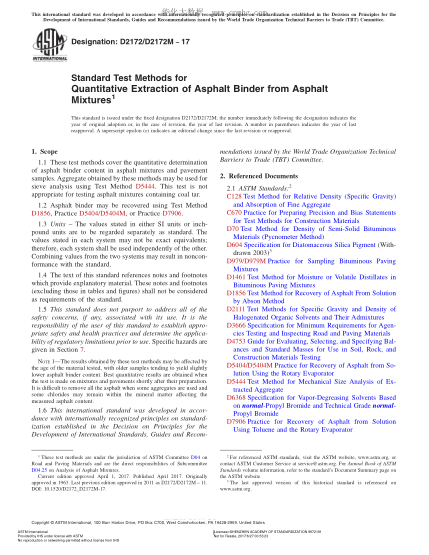 ASTM D2172/D2172M-2017 從瀝青鋪砌混合料中定量提取瀝青的試驗方法 Standard Test Methods for Quantitative Extraction of Asphalt Binder from Asphalt Mixtures