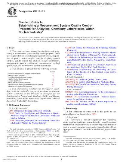 ASTM C1210-2021  Standard Guide for Establishing a Measurement System Quality Control Program for Analytical Chemistry Laboratories Within Nuclear Industry
