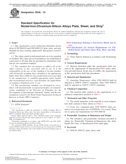 ASTM B536-2019 鎳鐵鉻硅合金(UNS NO8330和UNS NO8332)中厚板、薄板和帶材規(guī)格 Standard Specification for Nickel-Iron-Chromium-Silicon Alloys Plate, Sheet, and Strip