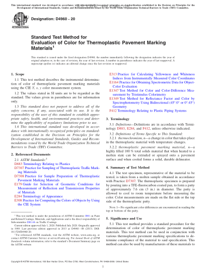 ASTM D4960-2020  Standard Test Method for Evaluation of Color for Thermoplastic Pavement Marking Materials