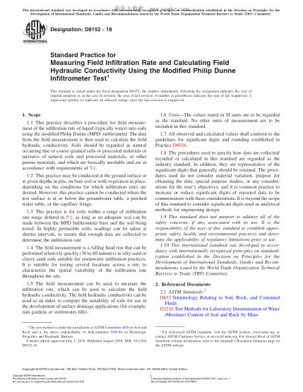 ASTM D8152-2018  Standard Practice for Measuring Field Infiltration Rate and Calculating Field Hydraulic Conductivity Using the Modified Philip Dunne Infiltrometer Test