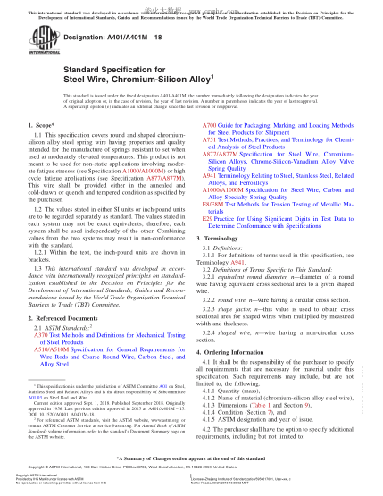 ASTM A401/A401M-2018  Standard Specification for Steel Wire, Chromium-Silicon Alloy