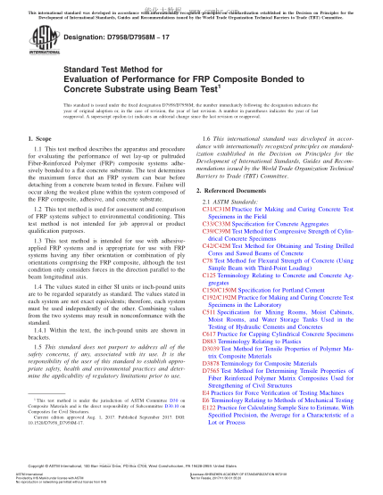 ASTM D7958/D7958M-2017 用梁試驗評定纖維增強復(fù)合材料與混凝土基底結(jié)合性的試驗方法 Standard Test Method for Evaluation of Performance for FRP Composite Bonded to Concrete Substrate using Beam Test