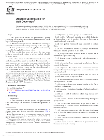 ASTM F1141/F1141M-2020  Standard Specification for Wall Coverings