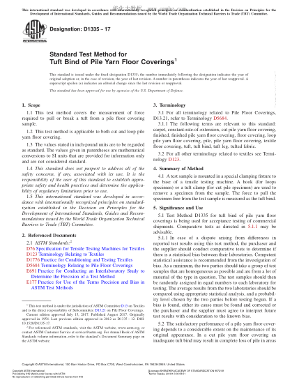 ASTM D1335-2017 簇絨地毯毛束聯(lián)結(jié)牢度試驗(yàn)方法 Standard Test Method for Tuft Bind of Pile Yarn Floor Coverings