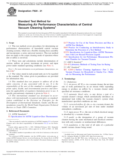 ASTM F820-2021Standard Test Method for Measuring Air Performance Characteristics of Central Vacuum Cleaning Systems