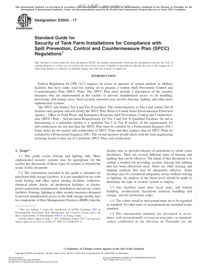 ASTM E2942-2017 符合泄漏預(yù)防、控制及對策方案規(guī)定的儲罐設(shè)備的安全指南 Standard Guide for Security of Tank Farm Installations for Compliance with Spill Prevention,Control and Countermeasure Plan (SPCC) Regulations