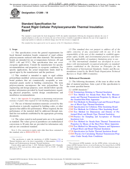 ASTM C1289-2018  Standard Specification for Faced Rigid Cellular Polyisocyanurate Thermal Insulation Board