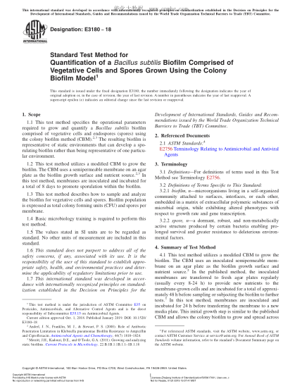 ASTM E3180-2018 用菌落生物膜模型量化營養(yǎng)細胞和孢子含有的枯草芽胞桿菌生物膜的方法 Standard Test Method for Quantification of a Bacillus subtilis Biofilm Comprised of Vegetative Cells and Spores Grown Using the Colony Biofilm Model
