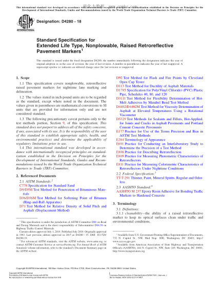 ASTM D4280-2018  Standard Specification for Extended Life Type, Nonplowable, Raised Retroreflective Pavement Markers