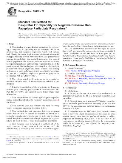 ASTM F3407-2020  Standard Test Method for Respirator Fit Capability for Negative-Pressure Half-Facepiece Particulate Respirators