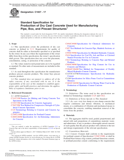 ASTM C1837-2017 管道、箱形件和預(yù)制件制造用干澆筑混凝土生產(chǎn)規(guī)格 Standard Specification for Production of Dry Cast Concrete Used for Manufacturing Pipe,Box,and Precast Structures