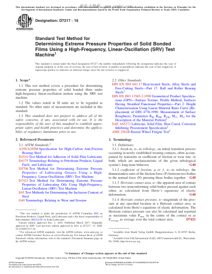 ASTM D7217-2016 使用高頻、線性振動試驗(yàn)機(jī)測定固體粘合膜極壓性能的試驗(yàn)方法 Standard Test Method for Determining Extreme Pressure Properties of Solid Bonded Films Using a High-Frequency, Linear-Oscillation (SRV) Test Machine