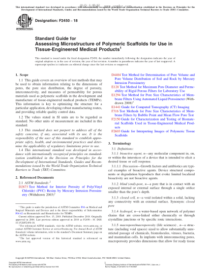 ASTM F2450-2018 組織工程醫(yī)用產(chǎn)品用聚合物支架微觀結(jié)構(gòu)的評定指南 Standard Guide for Assessing Microstructure of Polymeric Scaffolds for Use in Tissue-Engineered Medical Products