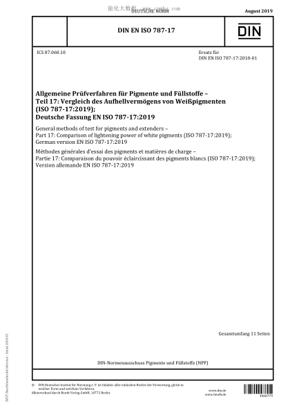 DIN EN ISO 787-17-2019  General methods of test for pigments and extenders – Part 17: Comparison of lightening power of white pigments