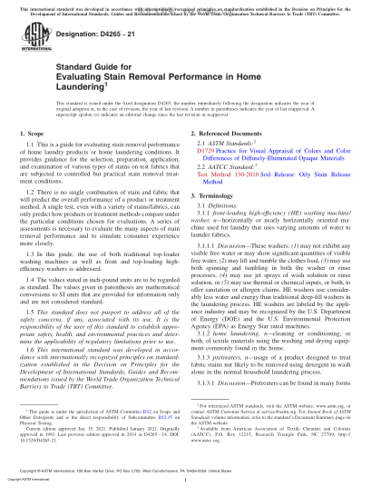 ASTM D4265-2021  Standard Guide for Evaluating Stain Removal Performance in Home Laundering