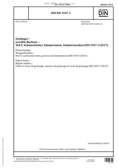 DIN ISO 3547-3-2019  Gleitlager –  Gerollte  Buchsen  –  Teil 3:  Schmierl？cher,  Schmiernuten,  Schmiertaschen