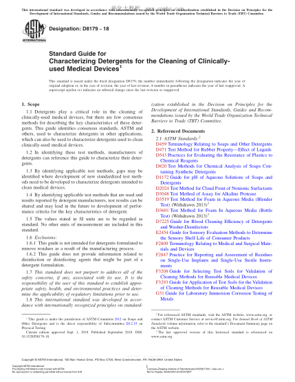 ASTM D8179-2018  Standard Guide for Characterizing Detergents for the Cleaning of Clinically-used Medical Devices