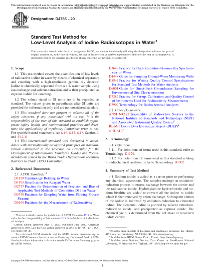 ASTM D4785-2020  Standard Test Method for Low-Level Analysis of Iodine Radioisotopes in Water