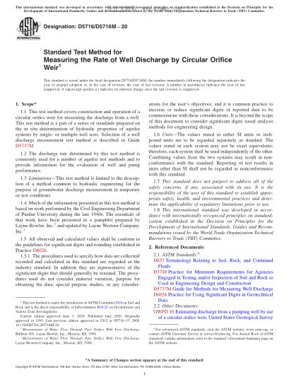 ASTM D5716/D5716M-2020  Standard Test Method for Measuring the Rate of Well Discharge by Circular Orifice Weir