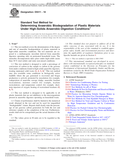 ASTM D5511-2018 高固體厭氧消化條件下塑料厭氧微生物降解測(cè)定方法 Standard Test Method for Determining Anaerobic Biodegradation of Plastic Materials Under High-Solids Anaerobic-Digestion Conditions