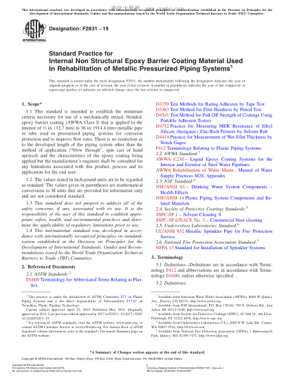 ASTM F2831-2019 金屬壓力管系統(tǒng)修復用內部非結構環(huán)氧隔離涂層材料規(guī)程 Standard Practice for Internal Non Structural Epoxy Barrier Coating Material Used In Rehabilitation of Metallic Pressurized Piping Systems