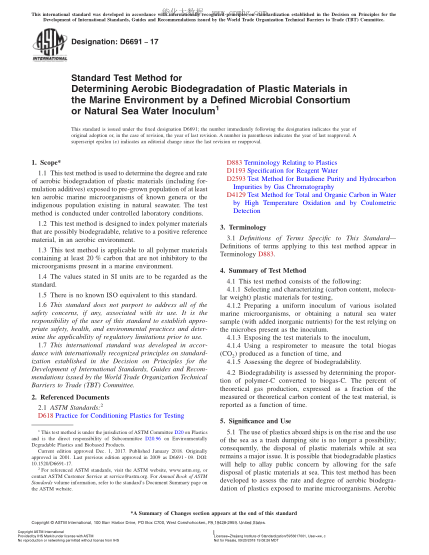 ASTM D6691-2017 由微生物社團(tuán)協(xié)會(huì)測定海洋環(huán)境下塑料有氧生物降解性的試驗(yàn)方法 Standard Test Method for Determining Aerobic Biodegradation of Plastic Materials in the Marine Environment by a Defined Microbial Consortium or Natural Sea Water Inoculum