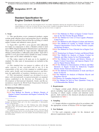 ASTM E1177-2020  Standard Specification for Engine Coolant Grade Glycol