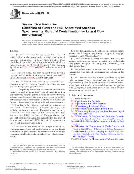 ASTM D8070-2016 用側(cè)流免疫層析法篩選微生物污染燃料及燃料相關(guān)水樣的方法 Standard Test Method for Screening of Fuels and Fuel Associated Aqueous Specimens for Microbial Contamination by Lateral Flow Immunoassay