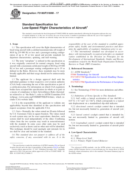 ASTM F3180/F3180M-2017 飛機低速飛行性能規(guī)范 Standard Specification for Low-Speed Flight Characteristics of Aircraft