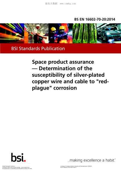 BS EN 16602-70-20-2014 航空項目管理 鍍銀銅線和電纜“紅色瘟疫”腐蝕的敏感性測定 Space product assurance. Determination of the susceptibility of silver-plated copper wire and cable to "red-plague" corrosion