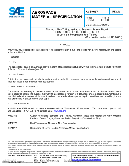 SAE AMS4083M-2019  Aluminum Alloy Tubing, Hydraulic, Seamless, Drawn, Round 1.0Mg - 0.60Si - 0.28Cu - 0.20Cr (6061-T6) Solution And Precipitation Heat Treated (Uns 96061)