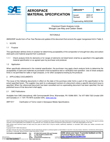 SAE AMS2259F-2017  Chemical Check Analysis Limits Wrought Low-Alloy And Carbon Steels