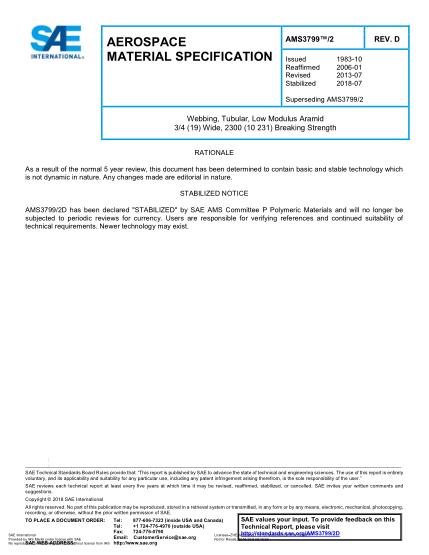 SAE AMS3799/2D-2018  Webbing, Tubular, Low Modulus Aramid 3/4 (19) Wide, 2300 (10 231) Breaking Strength