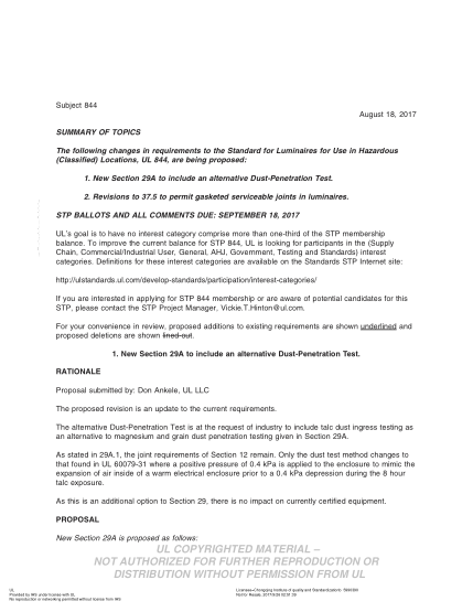 UL 844 BULLETIN-2017   UL Standard for Safety Luminaires for Use in Hazardous (Classified) Locations (COMMENTS DUE: SEPTEMBER 18, 2017)