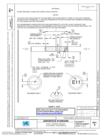 SAE AS128687 THRU AS128998B-2019  STUD - STRAIGHT, DRILLED, .3125-18UNS X .3125-24UNF-3A