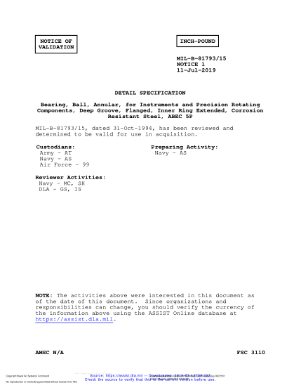 NAVY MIL-B-81793/15 VALID NOTICE 1-2019  Bearing, Ball, Annular, For Instruments And Precision Rotating Components, Deep Groove, Flanged, Inner Ring Extended, Corrosion Resistant Steel, Abec 5P