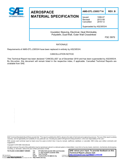 SAE AMS-DTL-23053/4B-2018  Insulation Sleeving, Electrical, Heat Shrinkable, Polyolefin, Dual-Wall, Outer Wall Crosslinked