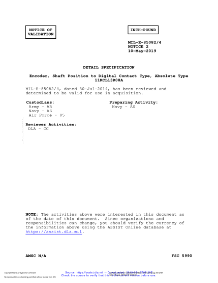 NAVY MIL-E-85082/4 VALID NOTICE 2-2019  Encoder, Shaft Position To Digital Contact Type, Absolute Type 11Kcl13R08A