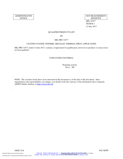 NAVY QPL-32577 NOTICE 1-2017  Coating System, Nonskid, Metallic Thermal Spray Application