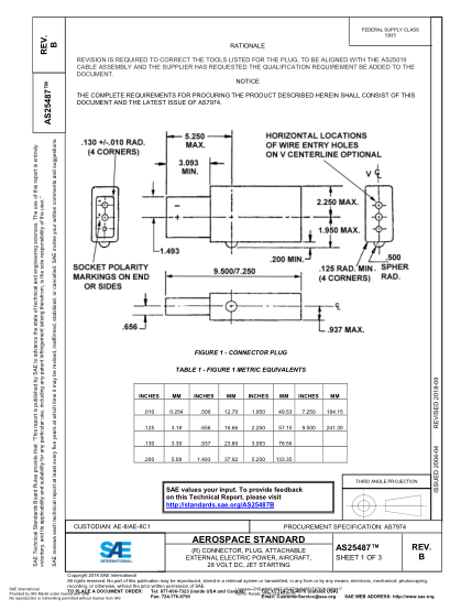 SAE AS25487B-2018  (R) Connector, Plug, Attachable External Electric Power, Aircraft, 28 Volt Dc, Jet Starting