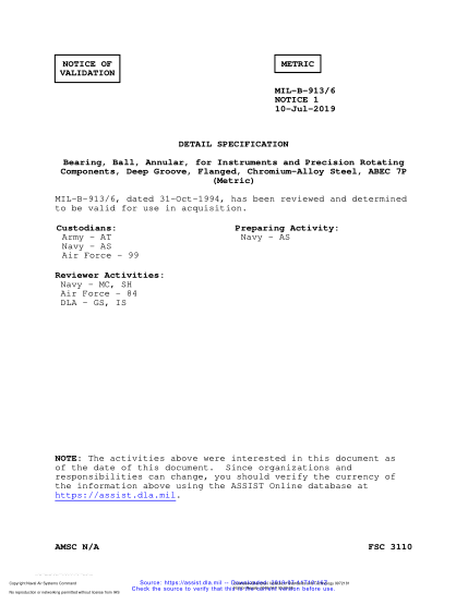 NAVY MIL-B-913/6 VALID NOTICE 1-2019  Bearing, Ball, Annular, For Instruments And Precision Rotating Components, Deep Groove, Flanged, Chromium-Alloy Steel, Abec 7P (Metric)