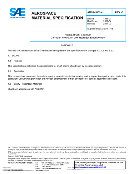 SAE AMS2451/4C-2017  Plating,Brush,Cadmium Corrosion Protective,Low Hydrogen Embrittlement
