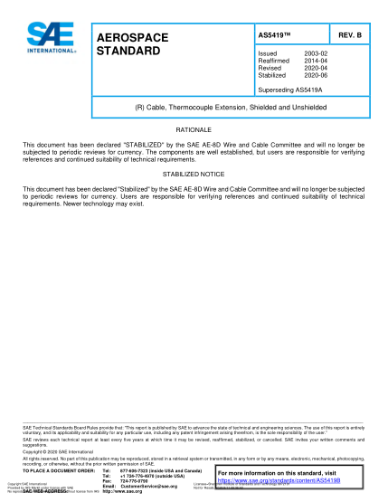 SAE AS5419B-2020  (R) Cable, Thermocouple Extension, Shielded And Unshielded