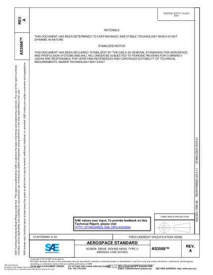 SAE AS3568A-2018  Screw,Drive,Round Head,Type U Ams5504 (Uns S41000)